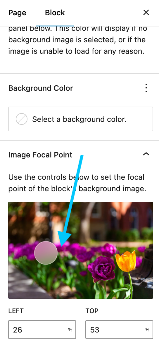 Full-width Overlay Block Select Image Focal Point